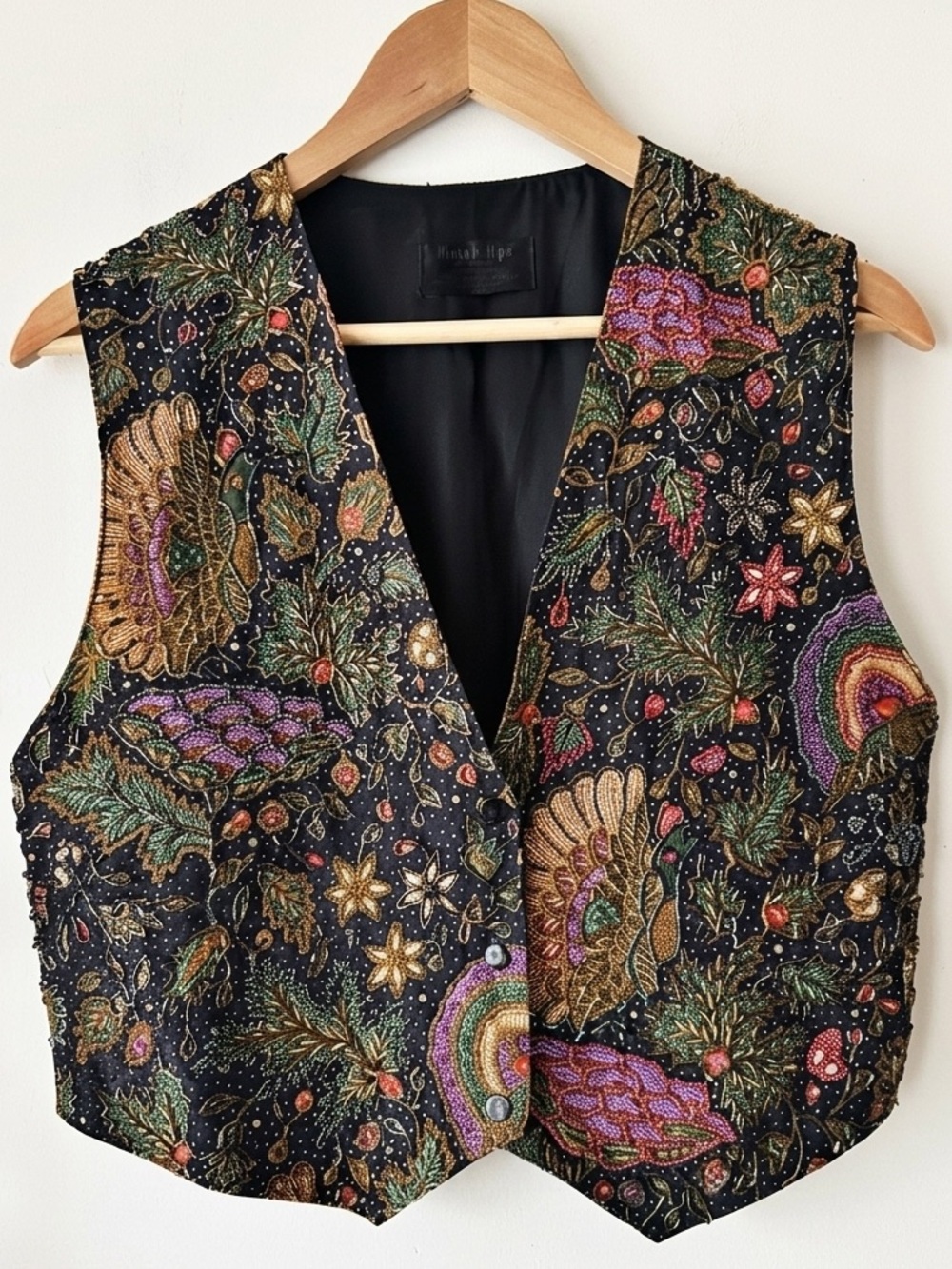 Vintage Hand Beaded Batik Vest Bird Floral Sequin Boho Folk Art to Wear Size M